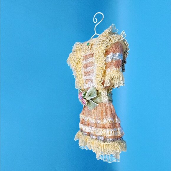 Victorian Dress Ornament on Hanger • Pink Lace Glitter Holiday Decoration • Vint - Picture 8 of 9